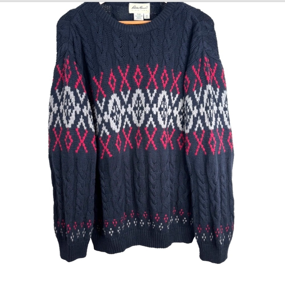 VTG Eddie Bauer Fair Isle Sweater M Cable Knit Nordic Black Red Chunky Ski Cabin